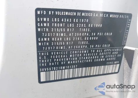 2024 Volkswagen Taos 1.5T S z USA, uszkodzony, nr VIN 3VV5X7B21RM101357